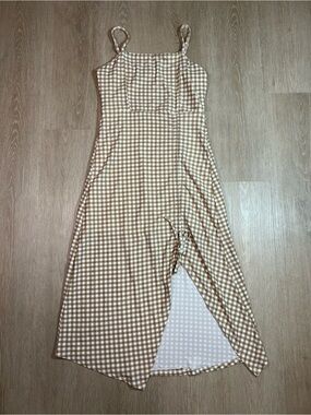 Gingham Slit Dress with Spaghetti Straps Double Layered - Brown/White
